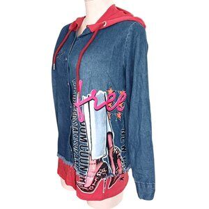 Jaga Istanbul Button Front Chambray Hoodie Graffiti New York Womens 12 Studded